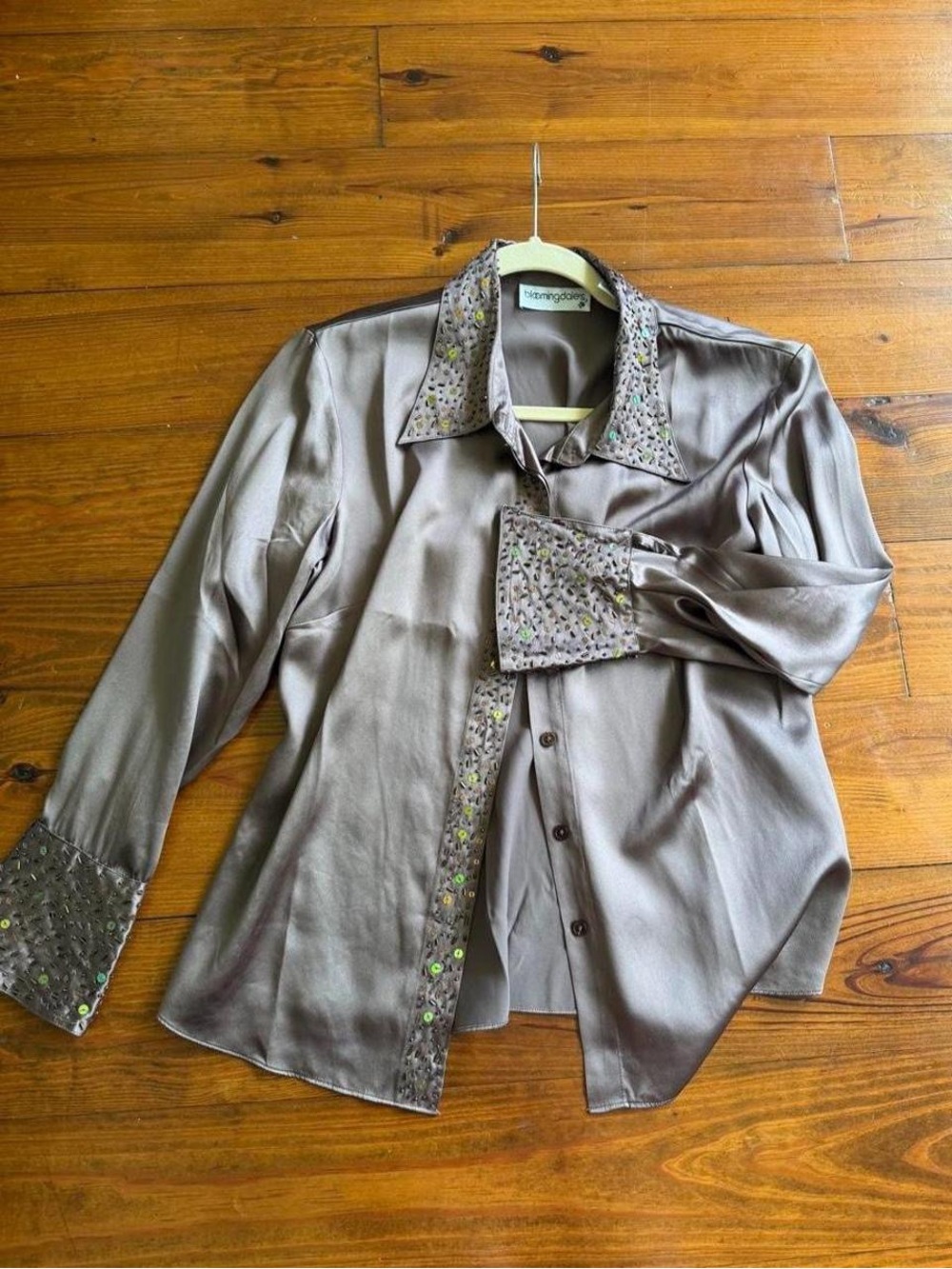 Bloomingdale's Coffee Silk Blouse with Beaded Sequin Collar
